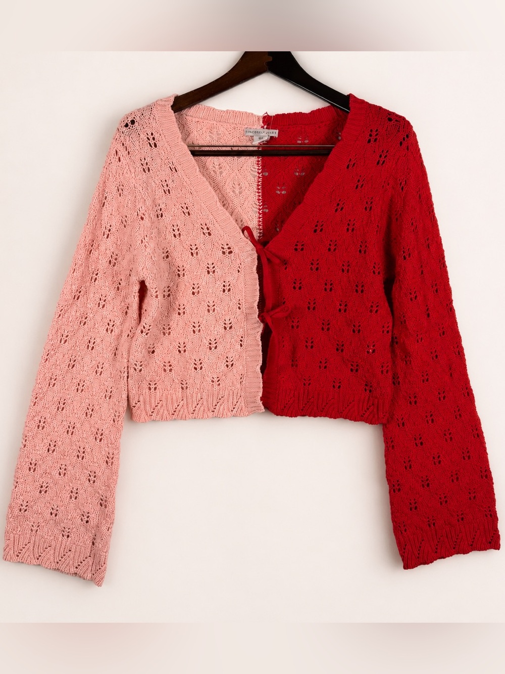 Sincerely Jules Pink Red Colorblock Tie Front Knit Cardigan M